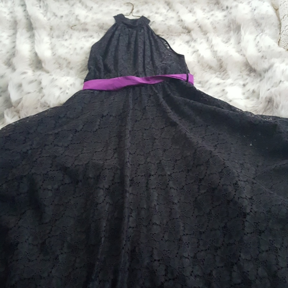 Black lace high neck dress with purple sash
